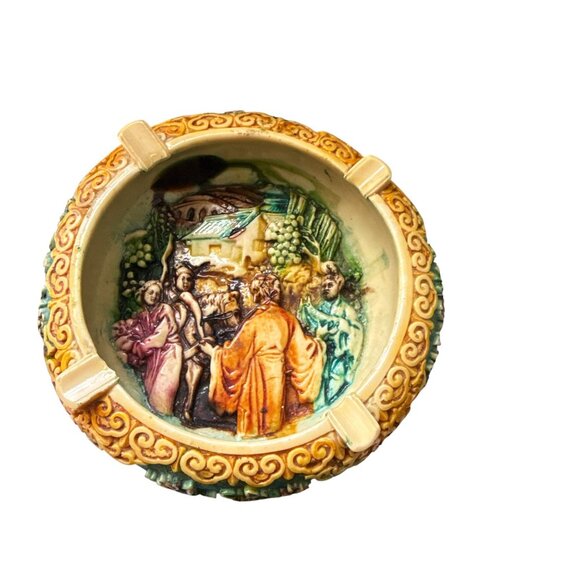 Vintage Hand Carved Jade Chinese Ashtray Relief Scene Ceramic Decor Made Italy - Picture 10 of 11